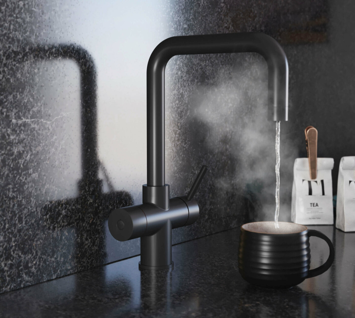 a D-shape 3 in 1 boiling water tap in matt black dispensing hot water into a matt black mug