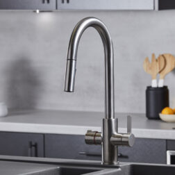 a swan neck pull-out hot water tap in brushed nickel