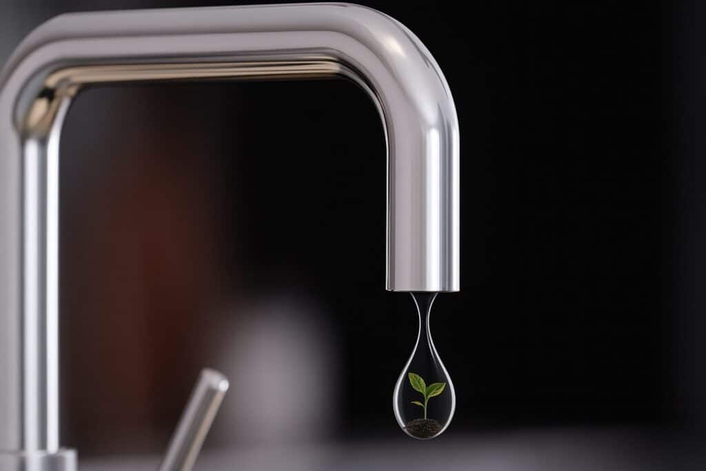 A boiling water tap dispenses eco friendly water showing a sprouting leaf.