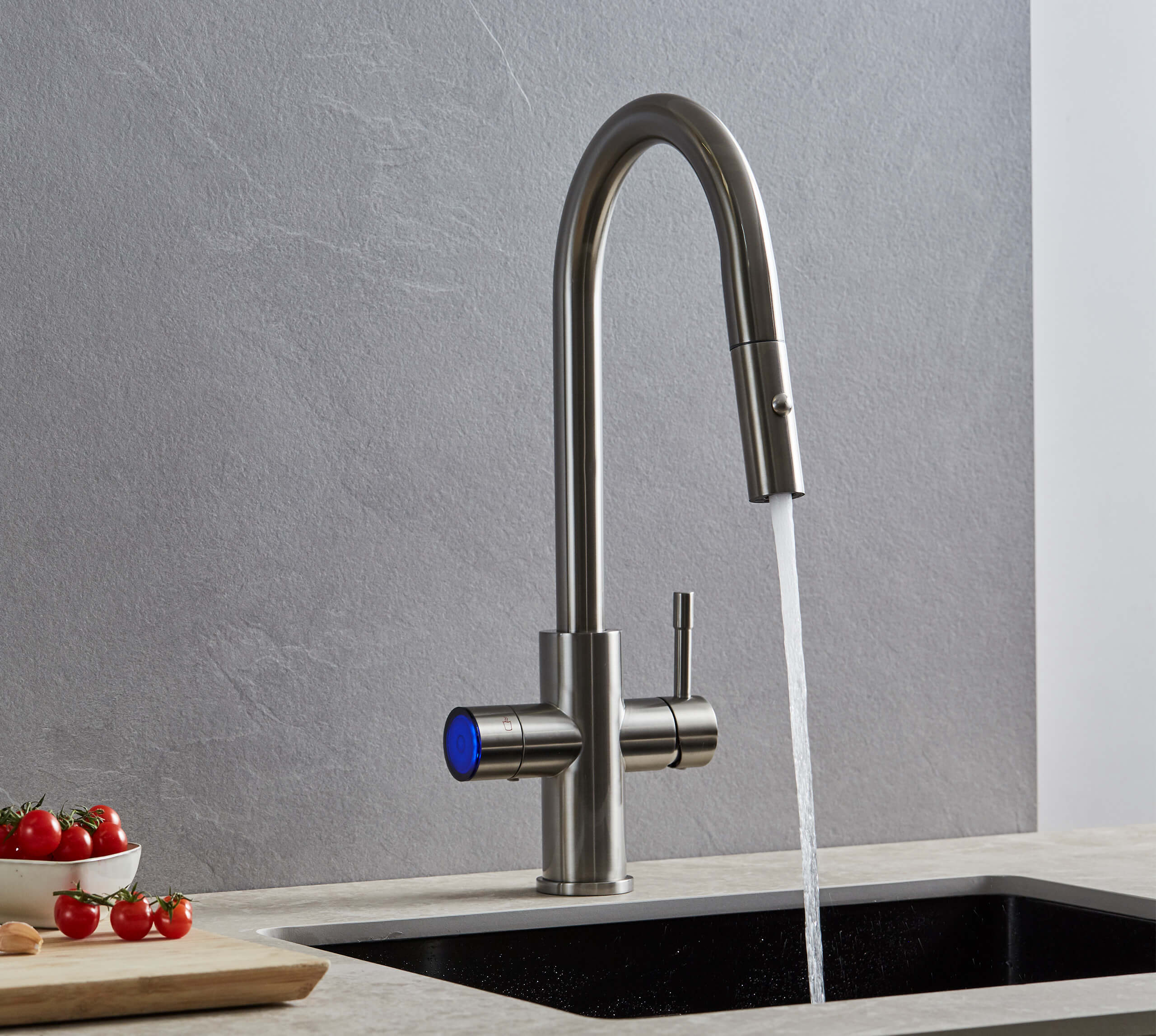Crystalis Sparkling Tap - Chrome 13 5 in 1 sparkling water tap in a modern kitchen setting